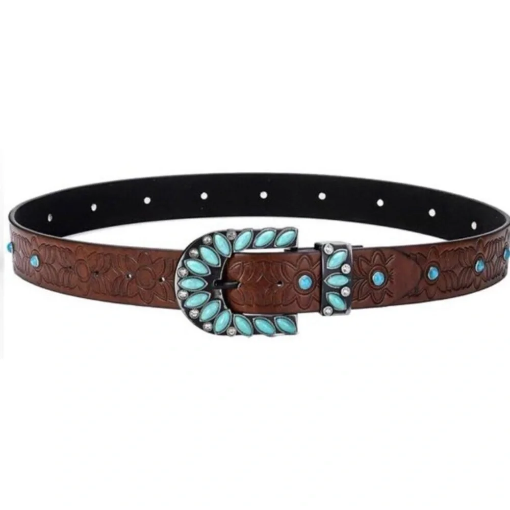 Brown Western Belt Woman Turquoise Cowgirl Belts for Jeans 28-38”